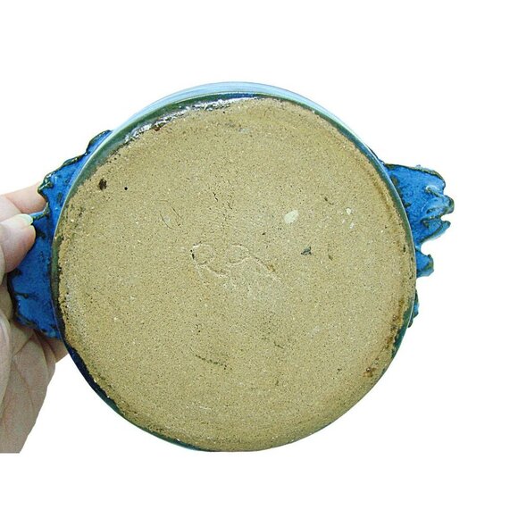 Handmade Blue Round Shaped Pottery Ashtray Trinket Dish Decorated With Frogs - Picture 3 of 11